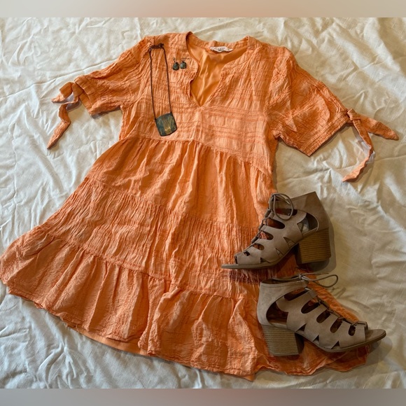 TALULAH Dresses & Skirts - Talulah | Orange Textured V-Neck Tiered Dress